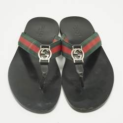 Pre Owned Gucci Tricolor Canvas and Leather Interlocking G Web Thong Flats Size 43