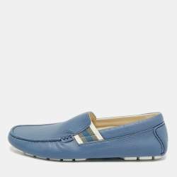 Pre Owned Gucci Blue Leather Slip On Driver Loafers Size 42