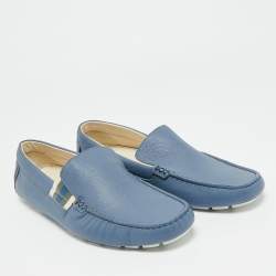 Pre Owned Gucci Blue Leather Slip On Driver Loafers Size 42