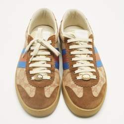 Pre Owned Gucci Brown/Beige GG Canvas and Suede G74 Web Low Top Sneakers Size 44