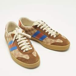Pre Owned Gucci Brown/Beige GG Canvas and Suede G74 Web Low Top Sneakers Size 44