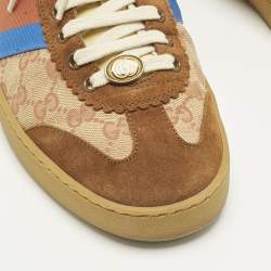 Pre Owned Gucci Brown/Beige GG Canvas and Suede G74 Web Low Top Sneakers Size 44