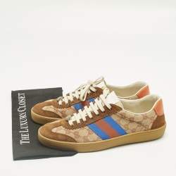 Pre Owned Gucci Brown/Beige GG Canvas and Suede G74 Web Low Top Sneakers Size 44