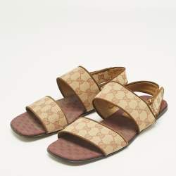 Pre Owned Gucci Beige/Brown GG Canvas and Suede Flat Slingback Sandals Size 43