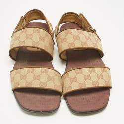 Pre Owned Gucci Beige/Brown GG Canvas and Suede Flat Slingback Sandals Size 43