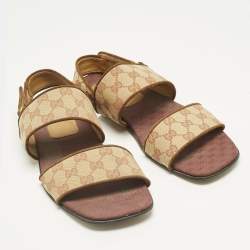Pre Owned Gucci Beige/Brown GG Canvas and Suede Flat Slingback Sandals Size 43