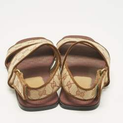 Pre Owned Gucci Beige/Brown GG Canvas and Suede Flat Slingback Sandals Size 43