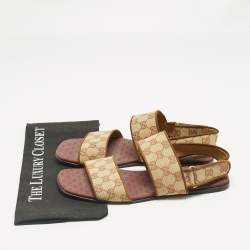 Pre Owned Gucci Beige/Brown GG Canvas and Suede Flat Slingback Sandals Size 43