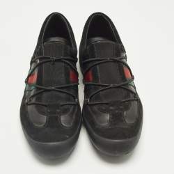 Pre Owned Gucci Black Leather and Suede Elastic Web Vintage Slip On Sneakers Size 42.5