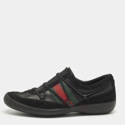 Pre Owned Gucci Black Leather and Suede Elastic Web Vintage Slip On Sneakers Size 42.5