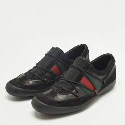 Pre Owned Gucci Black Leather and Suede Elastic Web Vintage Slip On Sneakers Size 42.5