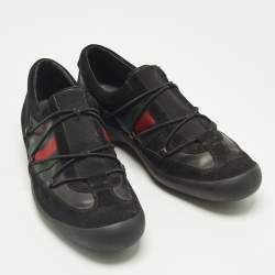 Pre Owned Gucci Black Leather and Suede Elastic Web Vintage Slip On Sneakers Size 42.5
