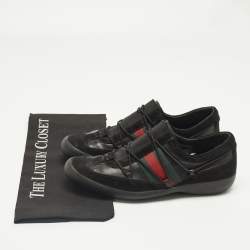 Pre Owned Gucci Black Leather and Suede Elastic Web Vintage Slip On Sneakers Size 42.5