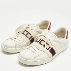 Pre Owned Gucci White Leather New Ace Logo Strap Sneaker Size 44