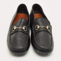 Pre Owned Gucci Black Leather Horsebit Web Detail Driver Loafers Size 46.5