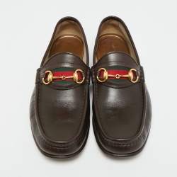 Pre Owned Gucci Horsebit Web Size 42.5 Dark Brown Leather Loafers