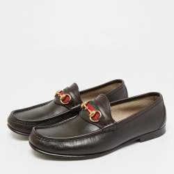 Pre Owned Gucci Horsebit Web Size 42.5 Dark Brown Leather Loafers