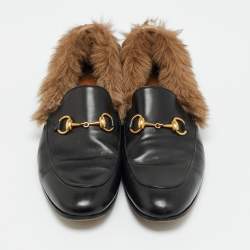 مملوكة مسبقًا حذاء لوفرز غوتشي برينستاون جلد أسود وفرو منك مقاس 42.5