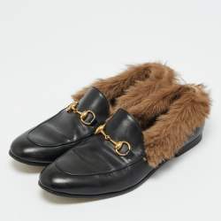 مملوكة مسبقًا حذاء لوفرز غوتشي برينستاون جلد أسود وفرو منك مقاس 42.5