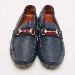 Pre Owned Gucci Horsebit Size 41.5 Navy Blue Leather Driver Loafers
