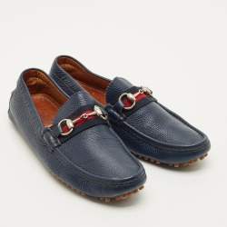 Pre Owned Gucci Horsebit Size 41.5 Navy Blue Leather Driver Loafers