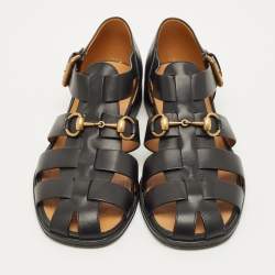 Pre Owned صندل غوتشي هورسبيت ويب جلد أسود مقاس 45.5