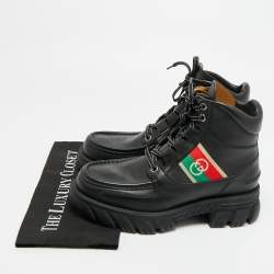 Pre Owned حذاء بوت كاحل غوتشي مزين "جي" متداخل جلد أسود مقاس 42