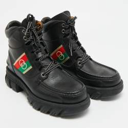 Pre Owned حذاء بوت كاحل غوتشي مزين "جي" متداخل جلد أسود مقاس 42