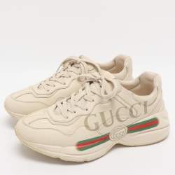 Pre Owned Gucci Rhyton Size 41 Beige Leather Gucci Logo Print Low Top Sneakers