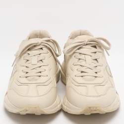 Pre Owned Gucci Rhyton Size 41 Beige Leather Gucci Logo Print Low Top Sneakers