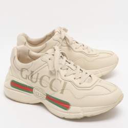 Pre Owned Gucci Rhyton Size 41 Beige Leather Gucci Logo Print Low Top Sneakers