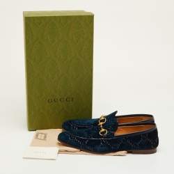 Pre Owned حذاء لوفرز غوتشي سليب أون هورسبيت مخمل GG وجلد أزرق بحري مقاس 42