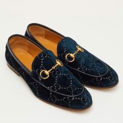 Pre Owned حذاء لوفرز غوتشي سليب أون هورسبيت مخمل GG وجلد أزرق بحري مقاس 42