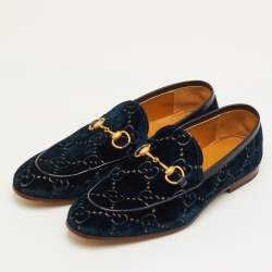 Pre Owned حذاء لوفرز غوتشي سليب أون هورسبيت مخمل GG وجلد أزرق بحري مقاس 42