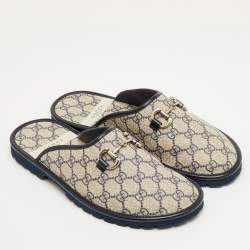 مملوكة مسبقًا حذاء سلايد غوتشي هورسبيت قماش جي جي سوبريم جلد بيج/كحلي مقاس 41.5