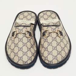 مملوكة مسبقًا حذاء سلايد غوتشي هورسبيت قماش جي جي سوبريم جلد بيج/كحلي مقاس 41.5