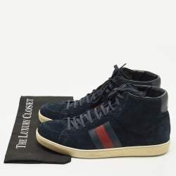 Pre Owned Gucci Web Size 44 Navy Blue Suede High Top Sneakers