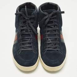 Pre Owned Gucci Web Size 44 Navy Blue Suede High Top Sneakers