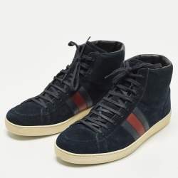 Pre Owned Gucci Web Size 44 Navy Blue Suede High Top Sneakers