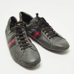 Pre Owned حذاء رياضي غوتشي مزين ويب مخرم منخفض من أعلى جلد أسود مقاس 44