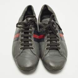 Pre Owned حذاء رياضي غوتشي مزين ويب مخرم منخفض من أعلى جلد أسود مقاس 44