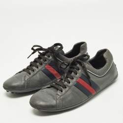 Pre Owned حذاء رياضي غوتشي مزين ويب مخرم منخفض من أعلى جلد أسود مقاس 44