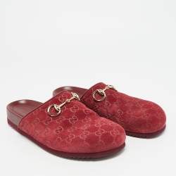 Pre Owned Gucci Horsebit Size 39 Burgundy GG Suede Flat Mules