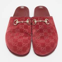 Pre Owned Gucci Horsebit Size 39 Burgundy GG Suede Flat Mules