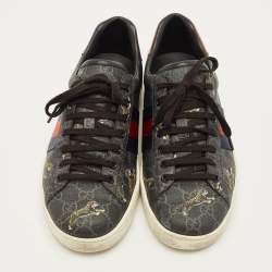 Pre Owned Gucci Ace Size 43 Black Tiger Print GG Supreme Canvas Low Top Sneakers