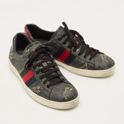 Pre Owned Gucci Ace Size 43 Black Tiger Print GG Supreme Canvas Low Top Sneakers