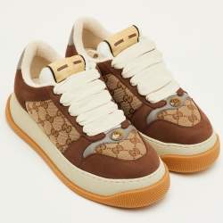 Pre Owned حذاء رياضي غوتشي كانفاس GG بني/بيج وجلد سكريينر منخفض من الأعلى مقاس 45.5