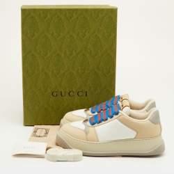 Pre Owned Gucci Screener Size 41.5 Cream/White Canvas and Nubuck Leather Low Top Sneakers