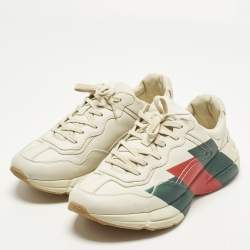 مملوكة مسبقًا Gucci Rhyton Size 45 Cream Leather Logo Print Lace Up Sneakers