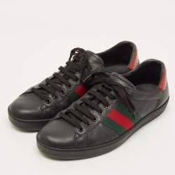 مملوكة مسبقًا Gucci Ace Size 43 Black Leather and Python Embossed Web Lace Up Sneakers